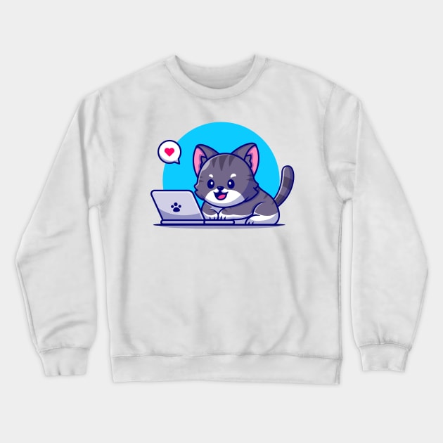 Cute Cat Working On Laptop Cartoon Crewneck Sweatshirt by Catalyst Labs